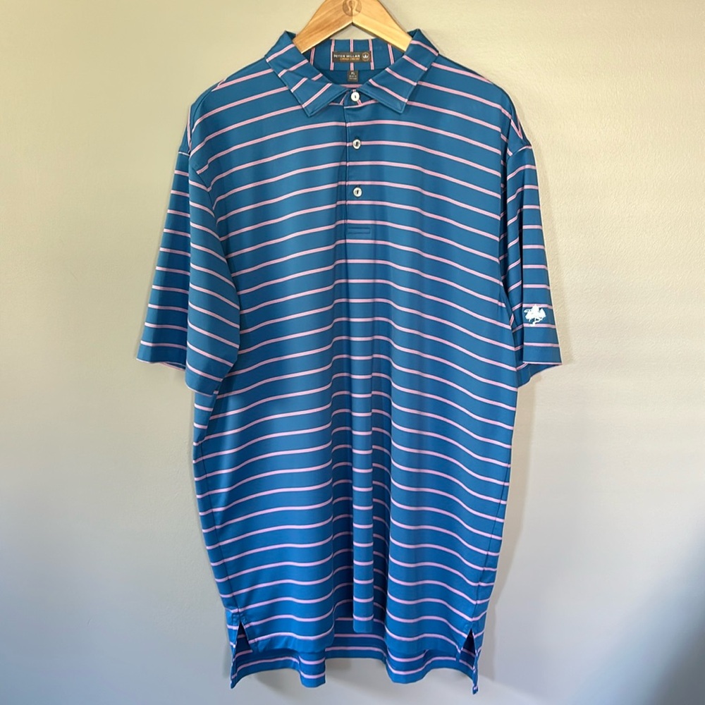 Peter Millar Summer Comfort Golf Polo Shirt Sz XL Blue/Pink Stripe